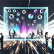 Digitales Open-Office mit großem Dashboard, bunten Datenströmen, kollaborierenden Personen und zerbrechenden Datensilos im Hintergrund