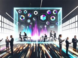 Digitales Open-Office mit großem Dashboard, bunten Datenströmen, kollaborierenden Personen und zerbrechenden Datensilos im Hintergrund