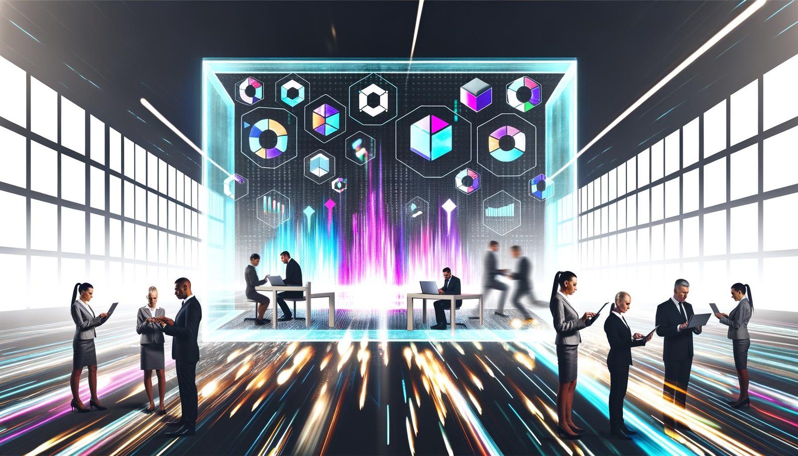 Digitales Open-Office mit großem Dashboard, bunten Datenströmen, kollaborierenden Personen und zerbrechenden Datensilos im Hintergrund