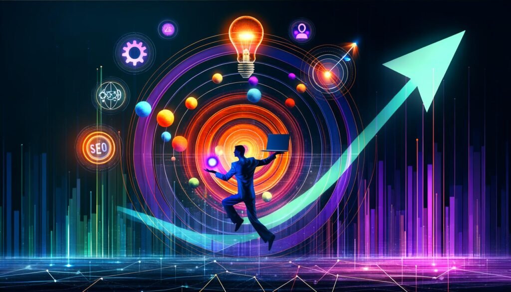 Abstrakte, dynamische Darstellung einer Person mit Laptop, Notizbuch und Ideen-Symbolen, umgeben von digitalen Diagrammen und Social-Media-Icons vor neonfarbenem, technischem Hintergrund.