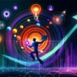 Abstrakte, dynamische Darstellung einer Person mit Laptop, Notizbuch und Ideen-Symbolen, umgeben von digitalen Diagrammen und Social-Media-Icons vor neonfarbenem, technischem Hintergrund.
