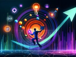 Abstrakte, dynamische Darstellung einer Person mit Laptop, Notizbuch und Ideen-Symbolen, umgeben von digitalen Diagrammen und Social-Media-Icons vor neonfarbenem, technischem Hintergrund.