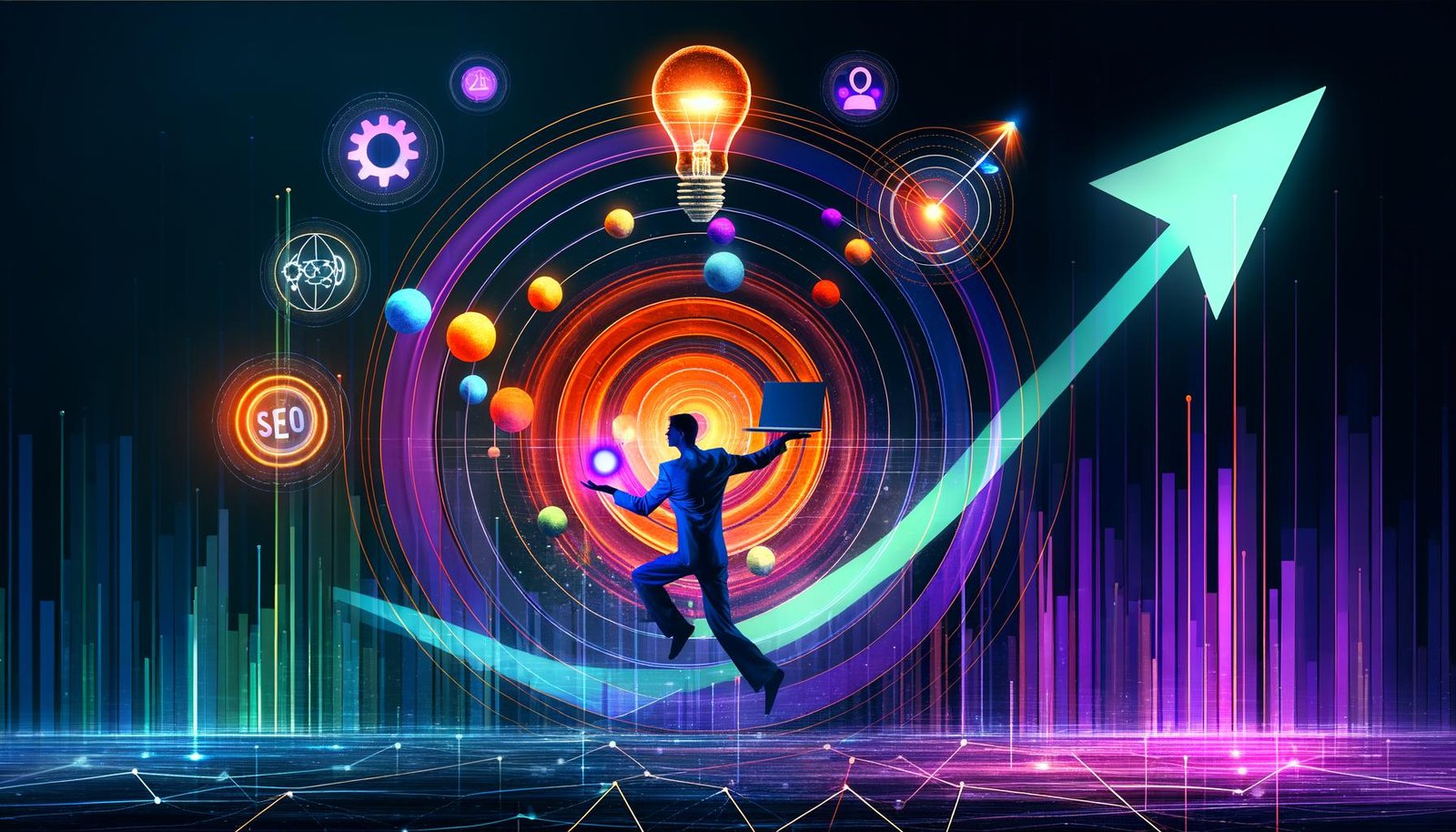 Abstrakte, dynamische Darstellung einer Person mit Laptop, Notizbuch und Ideen-Symbolen, umgeben von digitalen Diagrammen und Social-Media-Icons vor neonfarbenem, technischem Hintergrund.