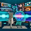 Studio mit Computermonitoren, Waveform-Visualisierungen, neuronalen Netzen, Mikrofon und digital abstrahiertem Mund – Symbolbild für AI Voice Cloning und kreative Content-Erstellung.