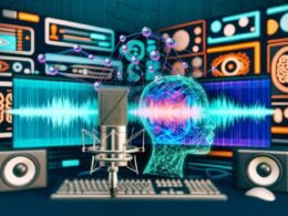 Studio mit Computermonitoren, Waveform-Visualisierungen, neuronalen Netzen, Mikrofon und digital abstrahiertem Mund – Symbolbild für AI Voice Cloning und kreative Content-Erstellung.