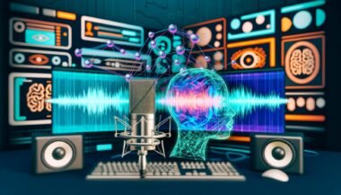Studio mit Computermonitoren, Waveform-Visualisierungen, neuronalen Netzen, Mikrofon und digital abstrahiertem Mund – Symbolbild für AI Voice Cloning und kreative Content-Erstellung.