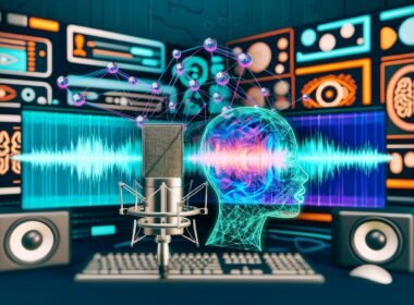 Studio mit Computermonitoren, Waveform-Visualisierungen, neuronalen Netzen, Mikrofon und digital abstrahiertem Mund – Symbolbild für AI Voice Cloning und kreative Content-Erstellung.