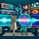 Studio mit Computermonitoren, Waveform-Visualisierungen, neuronalen Netzen, Mikrofon und digital abstrahiertem Mund – Symbolbild für AI Voice Cloning und kreative Content-Erstellung.