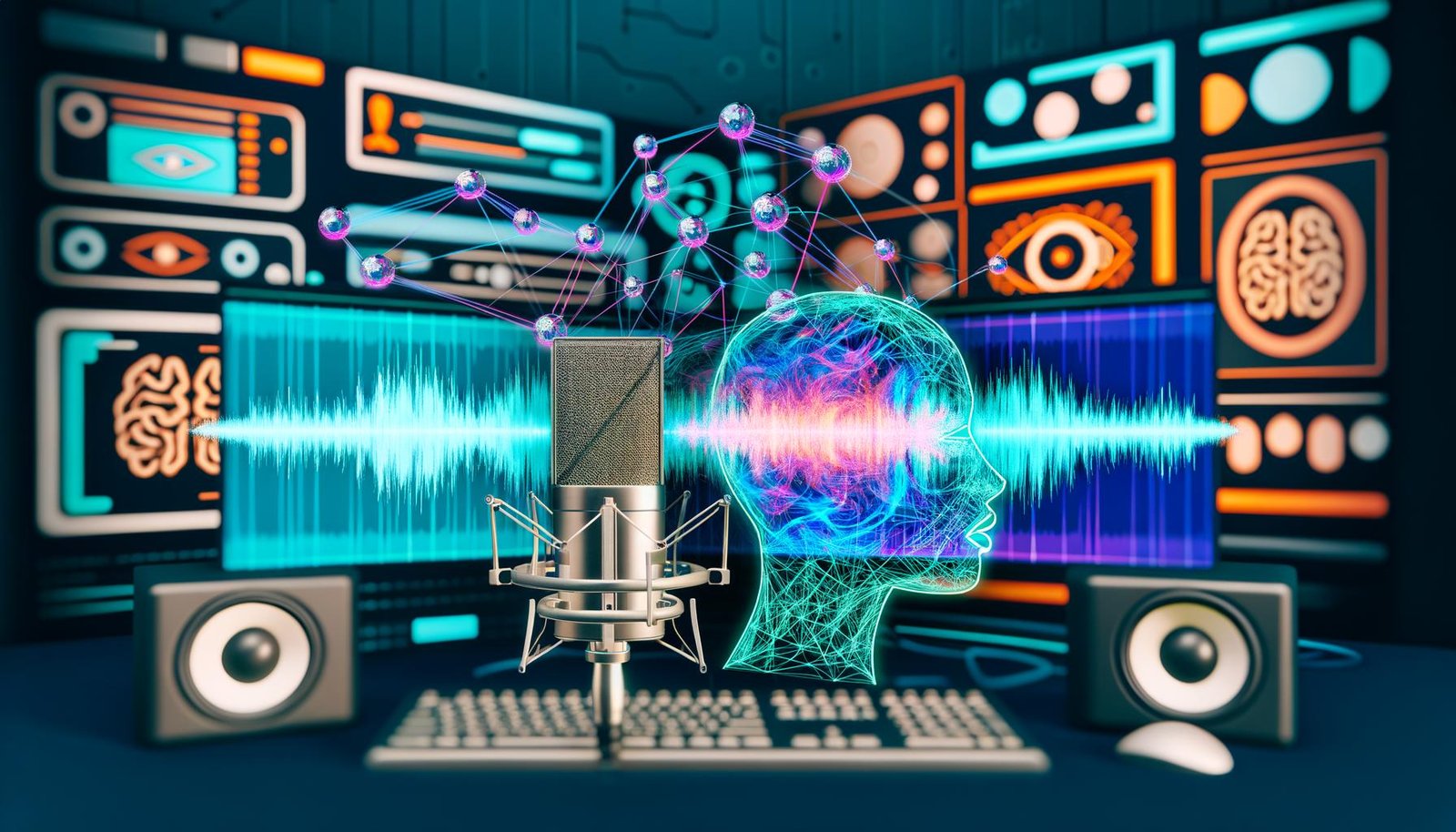 Studio mit Computermonitoren, Waveform-Visualisierungen, neuronalen Netzen, Mikrofon und digital abstrahiertem Mund – Symbolbild für AI Voice Cloning und kreative Content-Erstellung.