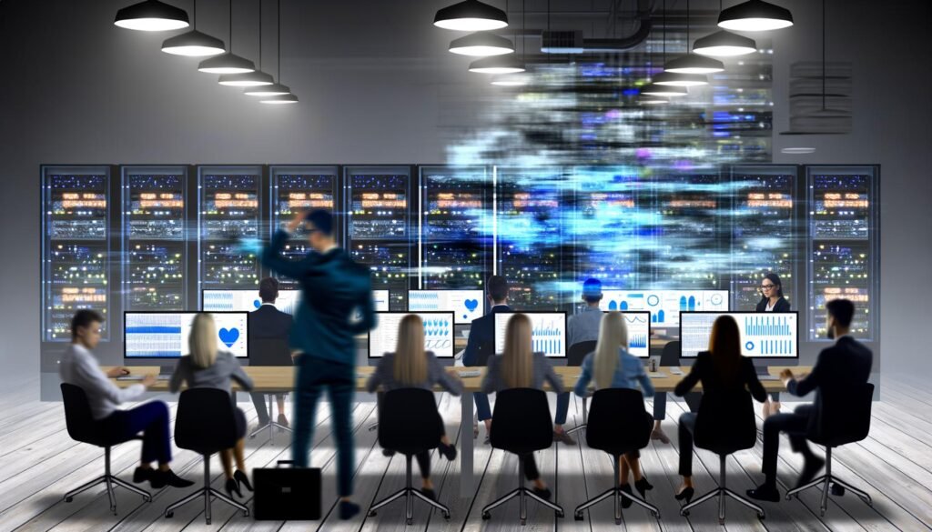 Großraumbüro mit ernsten Mitarbeitern an leuchtenden Dashboards, zentraler Datennebel aus Servern, chaotische Datenvisualisierung kontrastiert mit klaren Datenflüssen und entspannten Kollegen.