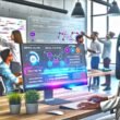 Junge Marketerin vor Monitor mit Content-Tool-Dashboard, umgeben von digitalen Datenströmen und KI-Icons, während Kollegen im Hintergrund am Whiteboard arbeiten