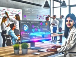 Junge Marketerin vor Monitor mit Content-Tool-Dashboard, umgeben von digitalen Datenströmen und KI-Icons, während Kollegen im Hintergrund am Whiteboard arbeiten