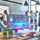 Junge Marketerin vor Monitor mit Content-Tool-Dashboard, umgeben von digitalen Datenströmen und KI-Icons, während Kollegen im Hintergrund am Whiteboard arbeiten