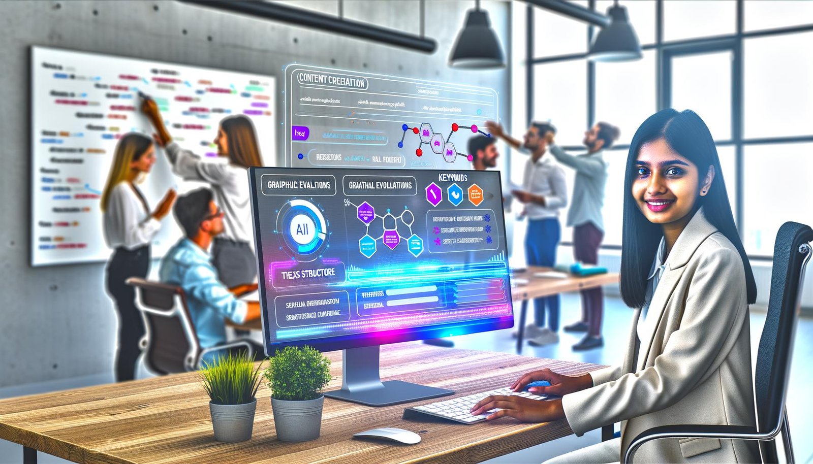 Junge Marketerin vor Monitor mit Content-Tool-Dashboard, umgeben von digitalen Datenströmen und KI-Icons, während Kollegen im Hintergrund am Whiteboard arbeiten