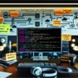 Blick auf einen Monitor mit offenen Fenstern für SoundCloud-API, Code-Editor und KI-Workflow-Diagramm, umgeben von Sticky Notes und moderner Technikausstattung.