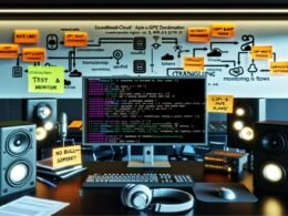 Blick auf einen Monitor mit offenen Fenstern für SoundCloud-API, Code-Editor und KI-Workflow-Diagramm, umgeben von Sticky Notes und moderner Technikausstattung.
