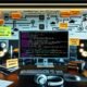 Blick auf einen Monitor mit offenen Fenstern für SoundCloud-API, Code-Editor und KI-Workflow-Diagramm, umgeben von Sticky Notes und moderner Technikausstattung.