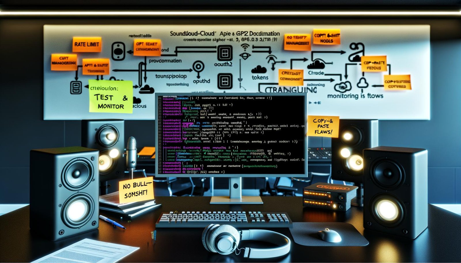 Blick auf einen Monitor mit offenen Fenstern für SoundCloud-API, Code-Editor und KI-Workflow-Diagramm, umgeben von Sticky Notes und moderner Technikausstattung.