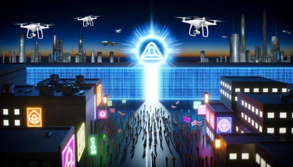 Futuristische Stadtszene bei Sonnenuntergang mit Überwachungssymbolen auf der einen und vielfältigen Protestierenden mit Bannern auf der anderen Seite, zentrales KI-Symbol als Schutzschild.