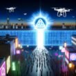 Futuristische Stadtszene bei Sonnenuntergang mit Überwachungssymbolen auf der einen und vielfältigen Protestierenden mit Bannern auf der anderen Seite, zentrales KI-Symbol als Schutzschild.