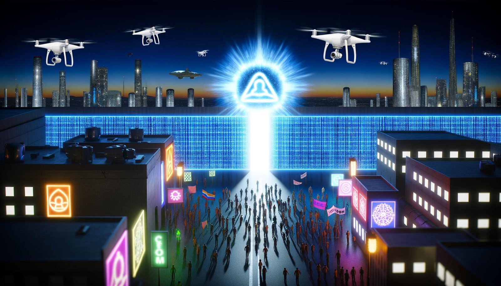 Futuristische Stadtszene bei Sonnenuntergang mit Überwachungssymbolen auf der einen und vielfältigen Protestierenden mit Bannern auf der anderen Seite, zentrales KI-Symbol als Schutzschild.