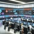 Hypermoderner Kontrollraum mit digitalen Dashboards, Spezialisten aus verschiedenen Abteilungen analysieren Echtzeit-Marketingdaten an holografischen Interfaces.