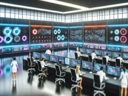 Hypermoderner Kontrollraum mit digitalen Dashboards, Spezialisten aus verschiedenen Abteilungen analysieren Echtzeit-Marketingdaten an holografischen Interfaces.