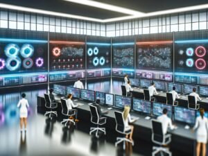 Hypermoderner Kontrollraum mit digitalen Dashboards, Spezialisten aus verschiedenen Abteilungen analysieren Echtzeit-Marketingdaten an holografischen Interfaces.