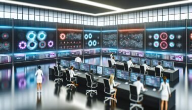 Hypermoderner Kontrollraum mit digitalen Dashboards, Spezialisten aus verschiedenen Abteilungen analysieren Echtzeit-Marketingdaten an holografischen Interfaces.