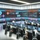 Hypermoderner Kontrollraum mit digitalen Dashboards, Spezialisten aus verschiedenen Abteilungen analysieren Echtzeit-Marketingdaten an holografischen Interfaces.
