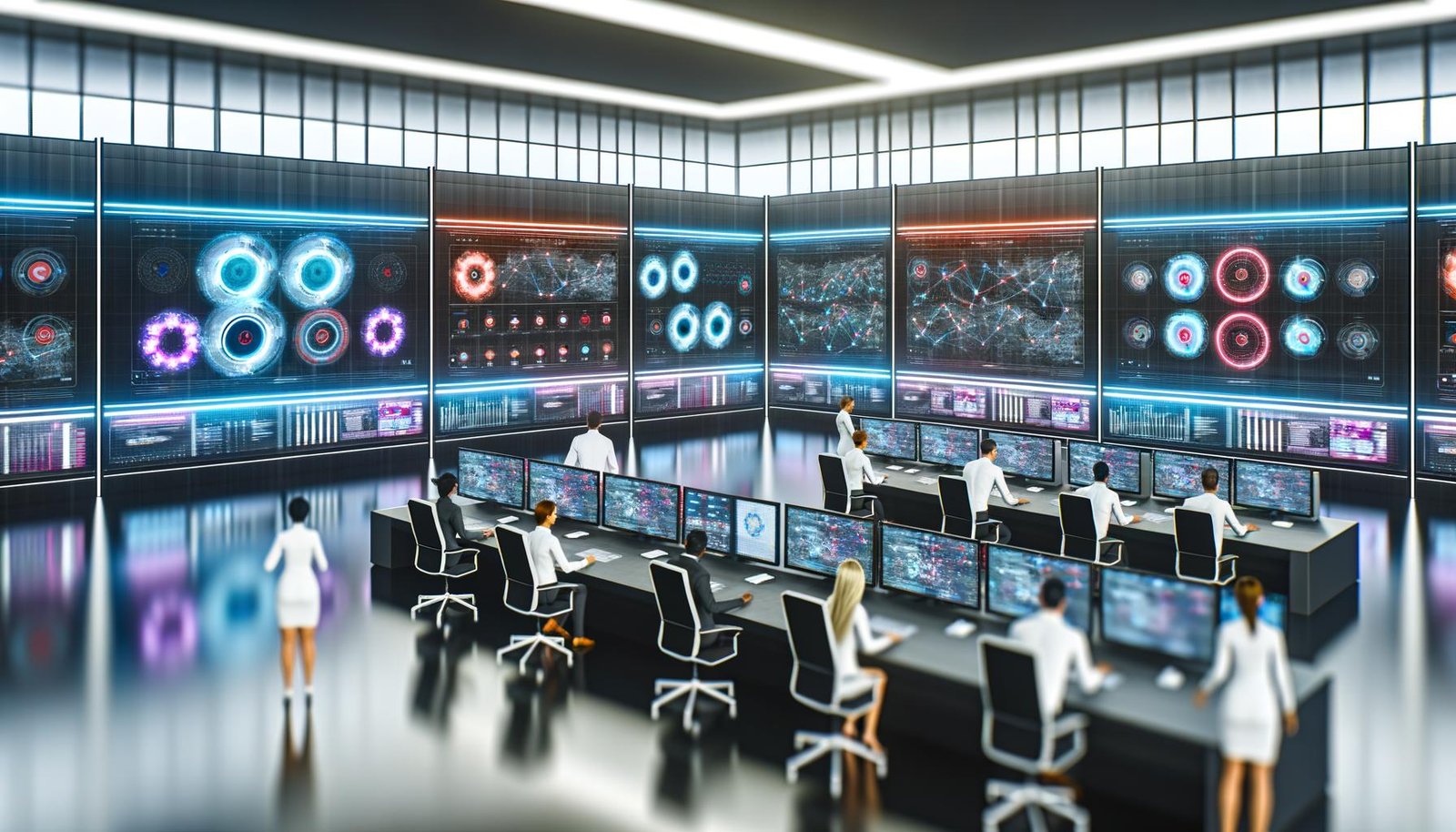 Hypermoderner Kontrollraum mit digitalen Dashboards, Spezialisten aus verschiedenen Abteilungen analysieren Echtzeit-Marketingdaten an holografischen Interfaces.