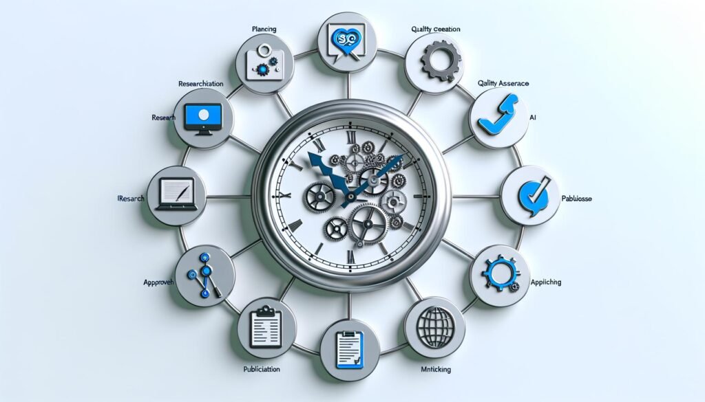 Illustration eines stilisierten Uhrwerks, das den effizienten Content-Workflow mit Symbolen für Computer, SEO-Analysen, Checklisten, KI, Social Media und Prozessphasen zeigt.