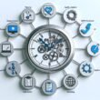 Illustration eines stilisierten Uhrwerks, das den effizienten Content-Workflow mit Symbolen für Computer, SEO-Analysen, Checklisten, KI, Social Media und Prozessphasen zeigt.