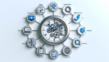 Illustration eines stilisierten Uhrwerks, das den effizienten Content-Workflow mit Symbolen für Computer, SEO-Analysen, Checklisten, KI, Social Media und Prozessphasen zeigt.