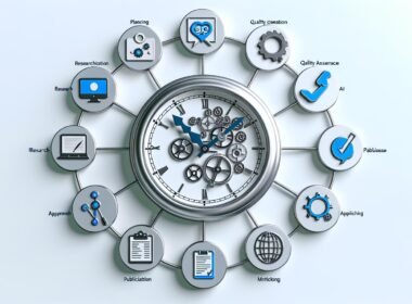 Illustration eines stilisierten Uhrwerks, das den effizienten Content-Workflow mit Symbolen für Computer, SEO-Analysen, Checklisten, KI, Social Media und Prozessphasen zeigt.