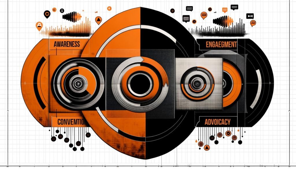 Digitales Moodboard mit SoundCloud Audio Marketing Funnel, kontrastreiche Farben, vier Phasen, UI-Elemente, Soundwellen und Flowcharts.