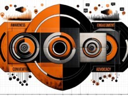 Digitales Moodboard mit SoundCloud Audio Marketing Funnel, kontrastreiche Farben, vier Phasen, UI-Elemente, Soundwellen und Flowcharts.