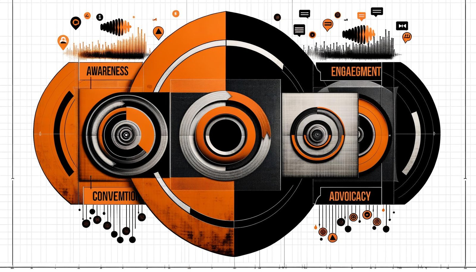 Digitales Moodboard mit SoundCloud Audio Marketing Funnel, kontrastreiche Farben, vier Phasen, UI-Elemente, Soundwellen und Flowcharts.