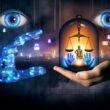 Digitales Artwork mit einer künstlichen, blauen und einer menschlichen Hand, die gemeinsam ein Symbol für Menschenrechte unter einer Glasglocke halten, im Hintergrund futuristische Skylines, Überwachungskameras und Social Media Icons.