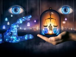 Digitales Artwork mit einer künstlichen, blauen und einer menschlichen Hand, die gemeinsam ein Symbol für Menschenrechte unter einer Glasglocke halten, im Hintergrund futuristische Skylines, Überwachungskameras und Social Media Icons.
