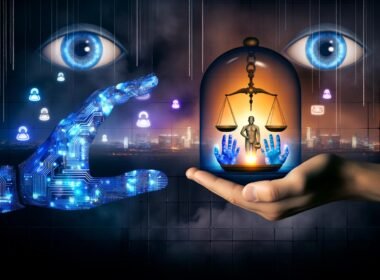 Digitales Artwork mit einer künstlichen, blauen und einer menschlichen Hand, die gemeinsam ein Symbol für Menschenrechte unter einer Glasglocke halten, im Hintergrund futuristische Skylines, Überwachungskameras und Social Media Icons.