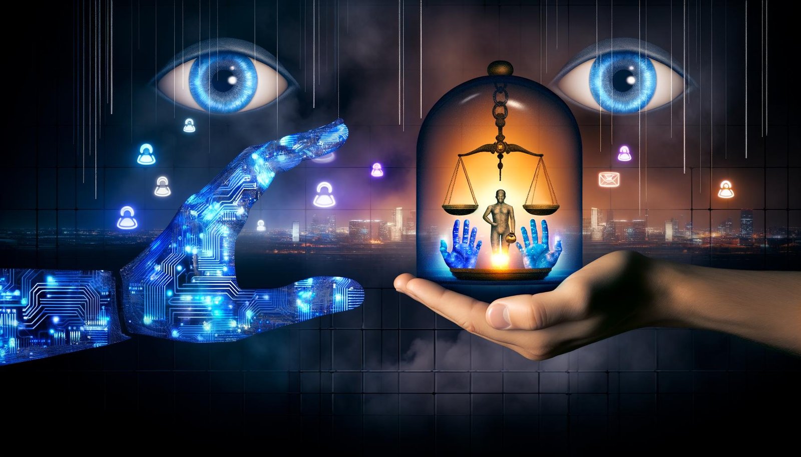 Digitales Artwork mit einer künstlichen, blauen und einer menschlichen Hand, die gemeinsam ein Symbol für Menschenrechte unter einer Glasglocke halten, im Hintergrund futuristische Skylines, Überwachungskameras und Social Media Icons.