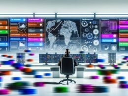 Fokussierte Person vor großem digitalen Board, das farbige, strukturierte Datenflüsse, Tools-Icons und Diagramme zeigt, während unsortierte Datenpakete im Hintergrund in geordnete Abläufe übergehen.