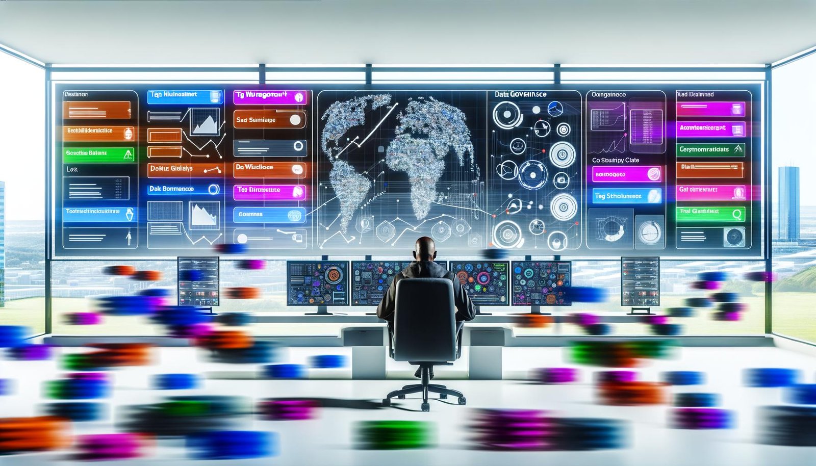 Fokussierte Person vor großem digitalen Board, das farbige, strukturierte Datenflüsse, Tools-Icons und Diagramme zeigt, während unsortierte Datenpakete im Hintergrund in geordnete Abläufe übergehen.