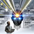 Futuristischer Kopf aus Platinen und Kabeln mit leuchtendem ON-Button trifft auf einen entschlossenen Menschen im Hoodie mit Laptop, umrundet von Tech-Begriffen in moderner Magazin-Optik.