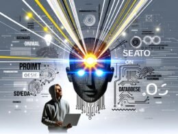 Futuristischer Kopf aus Platinen und Kabeln mit leuchtendem ON-Button trifft auf einen entschlossenen Menschen im Hoodie mit Laptop, umrundet von Tech-Begriffen in moderner Magazin-Optik.