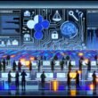High-Contrast Illustration einer Factory mit Ingenieuren, Data Scientists, KI-Systemen und Robotern an Dashboards. Dokumente wie EU AI Act, ISO/IEC 42001 sowie Ethik-Symbole und Governance-Anzeige im Vordergrund.