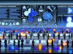 High-Contrast Illustration einer Factory mit Ingenieuren, Data Scientists, KI-Systemen und Robotern an Dashboards. Dokumente wie EU AI Act, ISO/IEC 42001 sowie Ethik-Symbole und Governance-Anzeige im Vordergrund.