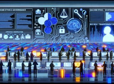 High-Contrast Illustration einer Factory mit Ingenieuren, Data Scientists, KI-Systemen und Robotern an Dashboards. Dokumente wie EU AI Act, ISO/IEC 42001 sowie Ethik-Symbole und Governance-Anzeige im Vordergrund.