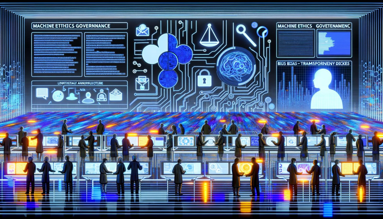 High-Contrast Illustration einer Factory mit Ingenieuren, Data Scientists, KI-Systemen und Robotern an Dashboards. Dokumente wie EU AI Act, ISO/IEC 42001 sowie Ethik-Symbole und Governance-Anzeige im Vordergrund.